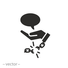 speech bubble in hand icon, liberty for expressions of opinion, speak without censorship, freedom of speech, flat symbol - vector illustration