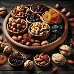 Assorted Nuts and Dried Fruits on Wooden Platter, Healthy Snacking Concept