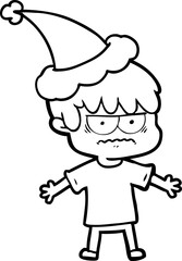 annoyed line drawing of a boy wearing santa hat