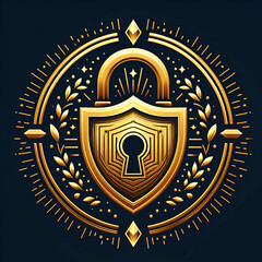 Cybersecurity concept, security shield with lock logo. Golden shield with laurel wreath