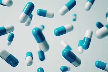 blue and white capsules are falling over a white background,