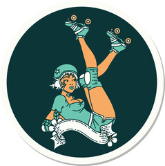 tattoo style sticker of a pinup roller derby girl with banner