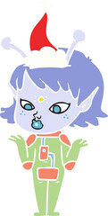 pretty flat color illustration of a alien girl wearing santa hat