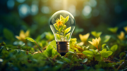 Idea of eco renewable energy and energy saving. Energy saving light bulb and tree growing on the ground on bokeh nature background. Saving, accounting and financial concept - obrazy, fototapety, plakaty