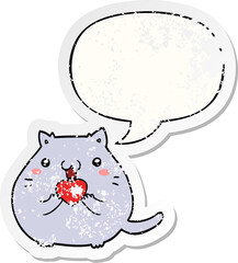 cute cartoon cat in love and speech bubble distressed sticker