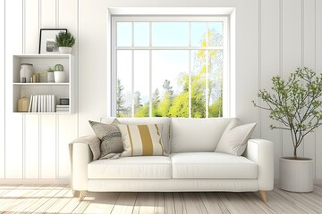 Idea of White Room With Sofa and Summer Landscape in Window. Scandinavian Interior Design. 3d Illustration.