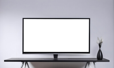 Wide television screen set on modern furniture. Isolated on white background. White display mockup