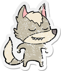 distressed sticker of a friendly cartoon wolf