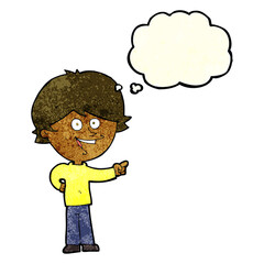 cartoon boy laughing and pointing with thought bubble