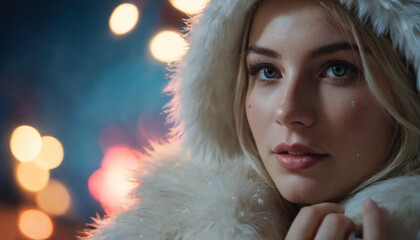 Young Polar Faerie Woman in White Fur Cloak and Hood, Shy Smile amidst Dark Night Fireworks and Colorful Lights