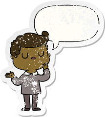cartoon man wondering and speech bubble distressed sticker