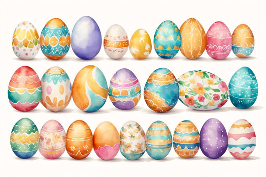 Painted on canvas with water color decorated colorful easter eggs