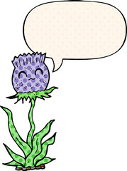 cartoon thistle and speech bubble in comic book style