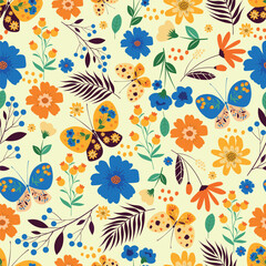 Seamless pattern with flowers. Colorful flowers, butterflies. Summer pattern for wrapping paper, textile, wallpaper design.