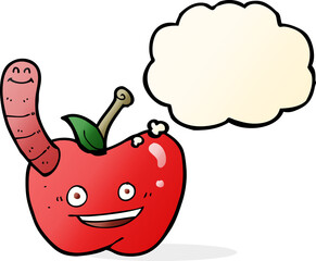 cartoon apple with worm with thought bubble