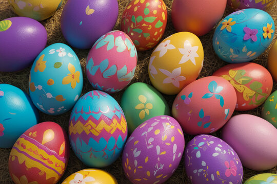 Heap of decorated colorful easter eggs