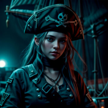 Joven mujer pirata en noche con luna llena