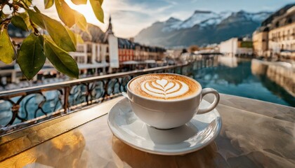 Coffee cup in a cafe in morning light in Copenhague.