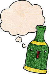cartoon beer bottle and thought bubble in grunge texture pattern style