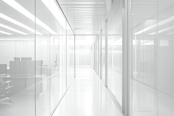 an office is shown with some white walls and tall glass wall