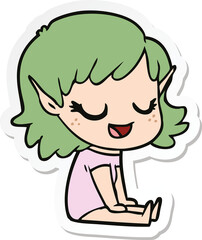 sticker of a happy cartoon elf girl sitting on floor