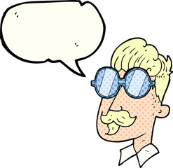 comic book speech bubble cartoon man with mustache and spectacles