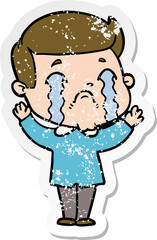 distressed sticker of a cartoon man crying