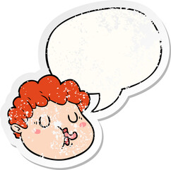 cartoon male face and speech bubble distressed sticker