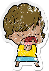 distressed sticker of a cartoon woman talking