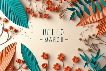 Hello March banner with abstract flower border Generative AI - obrazy, fototapety, plakaty