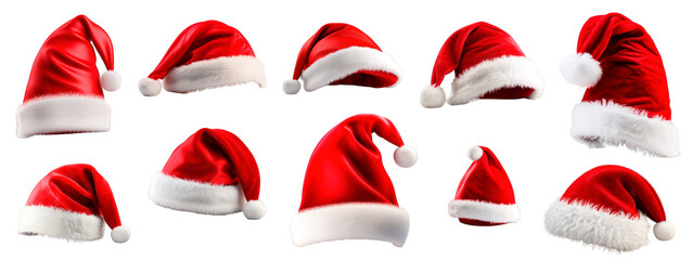 Collection of Santa Claus Hats isolated on transparent background. Big clip art set of red hats