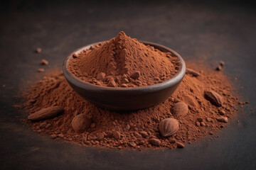 Heap of cocoa powdercocoa powder, cocoa, cinnamon, chocolate, instant, pile, powder, flavor, coffee, brown, ai image, aroma, aromatic, nutrition, bean, beans, ingredient, cacao, calor with cocoa beans