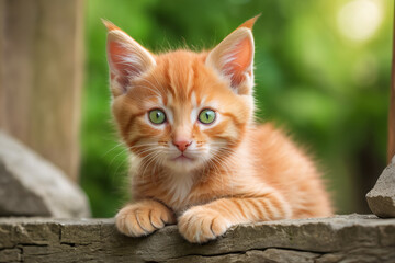Obraz premium Adorable red kitten cat with green eyes playing in garden.