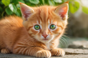 Adorable red kitten cat with green eyes playing in garden.