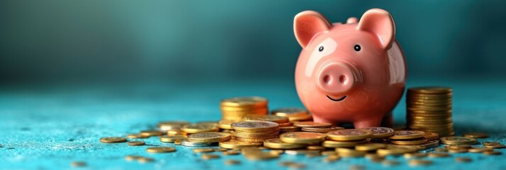 Smiling Piggy Bank Amidst Coins on Blue Background