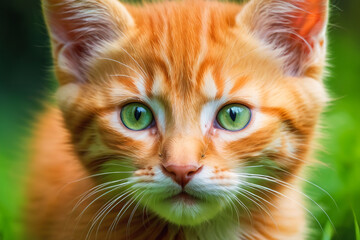 Adorable red kitten cat with green eyes playing in garden.