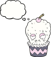 spooky skull cupcake cartoon with thought bubble