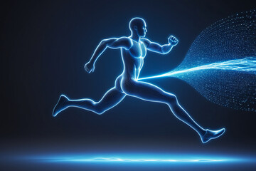 Futuristic silver cyber man run with high velocity