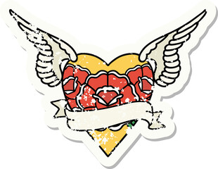 Naklejka premium traditional distressed sticker tattoo of a heart with wings flowers and banner