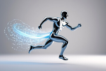 Fototapeta na wymiar Futuristic silver cyber man run with high velocity
