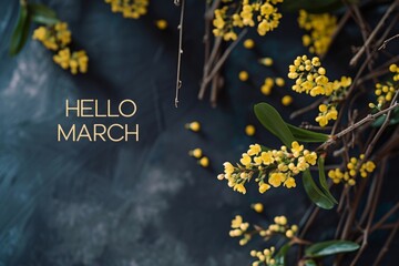 Hello March banner with yellow flowers on black background Generative AI