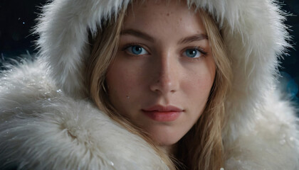 Young Polar Faerie Woman in White Fur Coat - Shy Smile amongst Firework Night Sky and Icy Blue Eyes