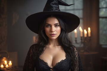 Obraz na płótnie Canvas Portrait of sexy woman wearing witch hat