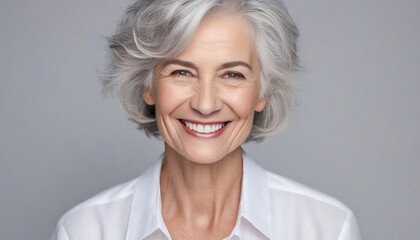 Close up portrait of beautiful smiling elderly woman. Senior female model, grey hair and white teeth