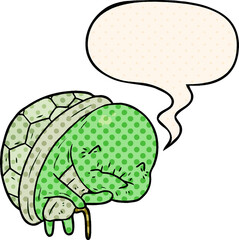 cute cartoon old turtle and walking stick and speech bubble in comic book style