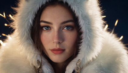 Young Polar Faerie Woman in White Fur Hoodie: Shy Smile, Icy Blue Eyes, Detailed Jewelry, Fireworks Night Sky, Freckles
