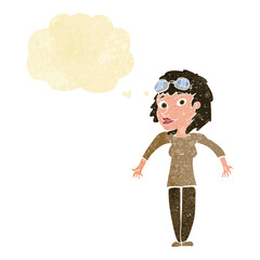 cartoon woman wearing goggles with thought bubble