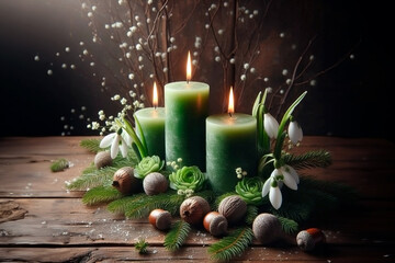 Green candles and snowdrops. Pagan holiday Imbolc.