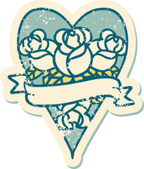 distressed sticker tattoo style icon of a heart and banner with flowers