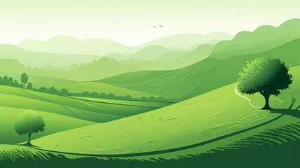 Deurstickers illustration,green nature landscape with tree, mountain and meadows © Jorge Ferreiro